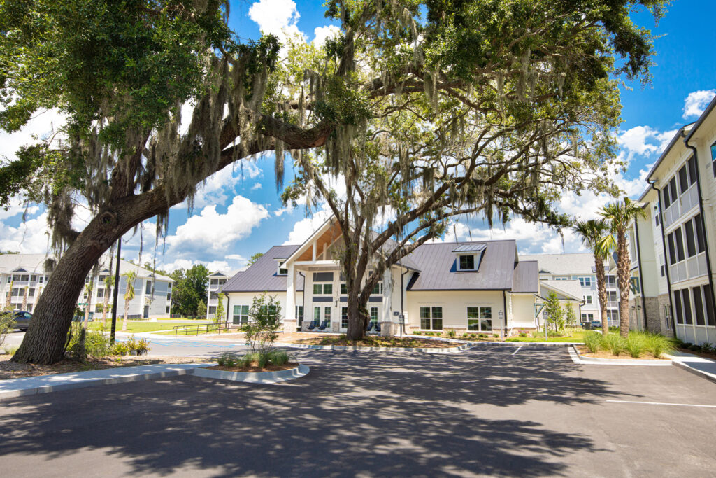 outdoor view of clubhouse near large trees