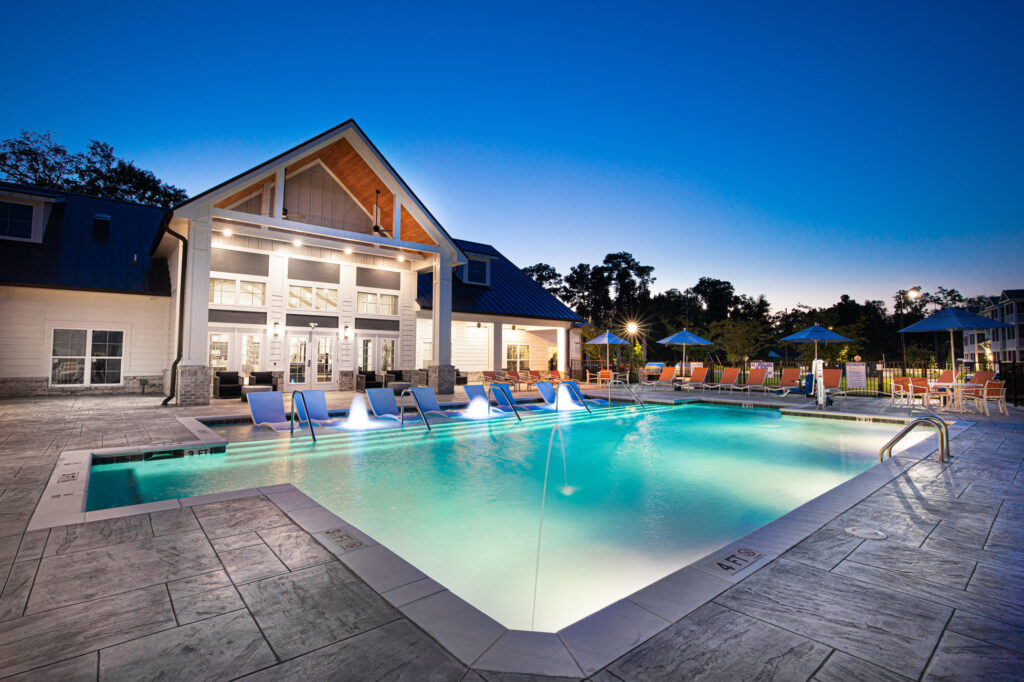 night view of the pool and clubhouse
